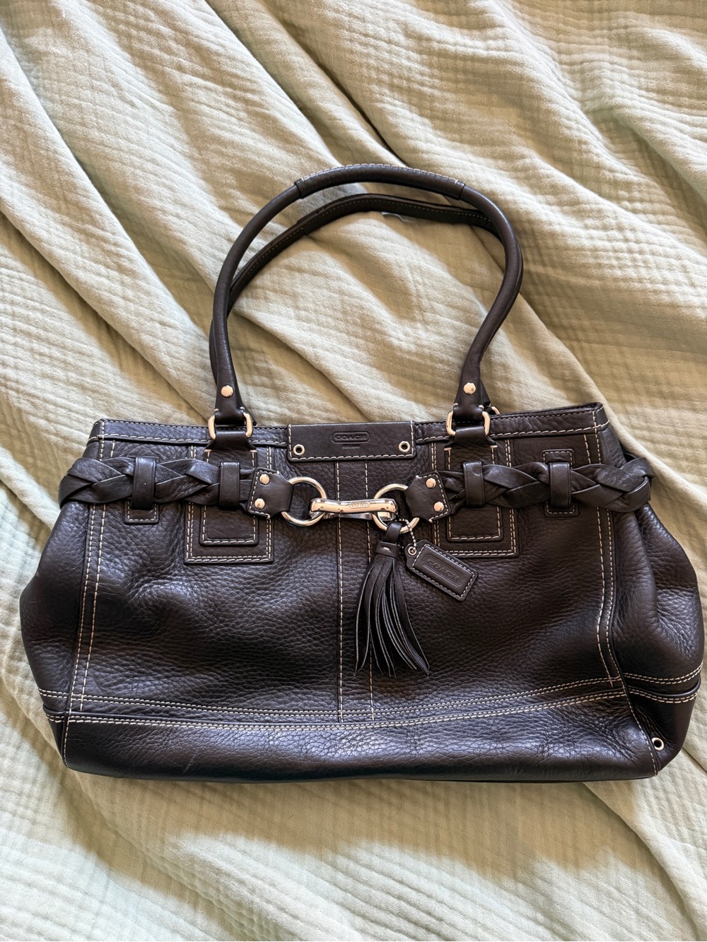 Coach Dark Brown Leather Shoulder Bag with Braided Trim